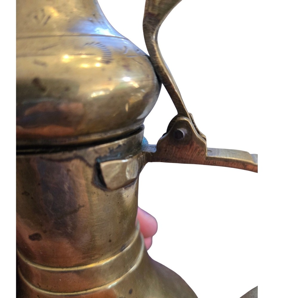 Vintage Brass Dallah Coffee Pot Etched Middle Eastern Decorative Pitcher 9in - Picture 7 of 7